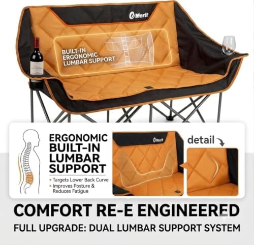 EMERIT Oversized Double Duo Camping Chair Folding Camping Loveseat 2 Person Camping Couch Heavy Duty Lawn Chairs for Outside with Padded Seats & Armrests-Support 650LBS