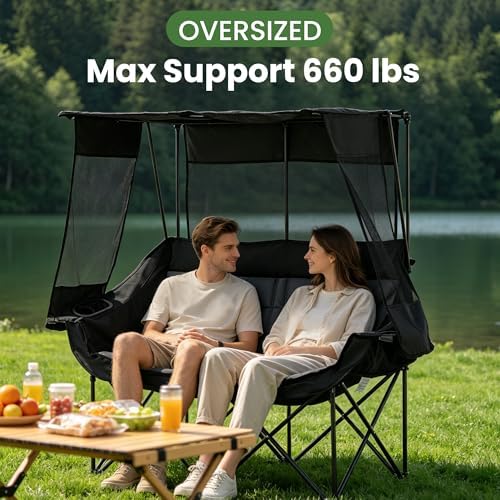 Asrug Padded Double Camping Chair with Canopy 2 Person Folding Camping Chair Loveseat with Cup Holders and Side Pockets Heavy Duty Camping Couch for Outdoor Beach 650lbs Support (Black & Dark Gray)