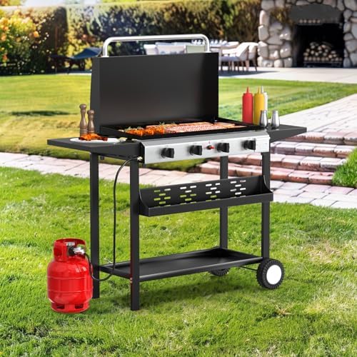 Bonnlo 40000BTU Propane Griddle with Lid and Ignition, Standing Flat Top Gas Grill with Storage Shelf and Portable Rolling Wheels, 4 Burner Camping Cooker for Patio Backyard Outdoor Cooking BBQ