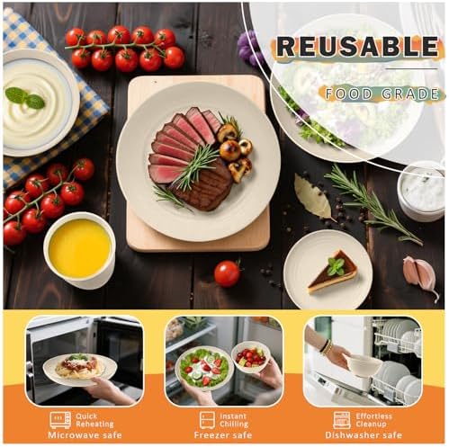 Wheat Straw Dinnerware Sets for 8, 32 PCS Unbreakable Plates and Bowls Sets, Kitchen Dish Set - Dinner Plate/Dessert Plate/Cereal Bowl/Cup, for Outdoor Camping RV Apartment Essentials - Beige