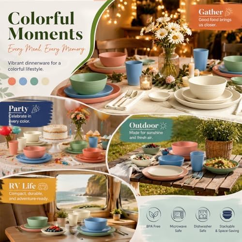 Wrova Wheat Straw Dinnerware Sets for 8, Kitchen Plates Bowls and Cups Set