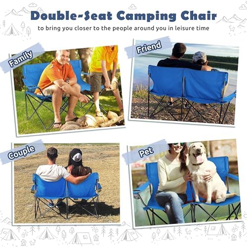 HaSteeL Folding Camping Chair, Double Seat Foldable Camp Chair for 2 Persons, Portable & Large for Outdoor Fishing, Hiking, Travel, Picnic, Beach, Lawn, Patio, Include Storage Bag (Blue)