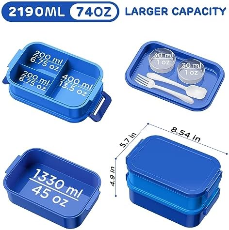 DaCool Bento Box Adults Lunch Container - 74 OZ Stackable Leakproof Bento Lunch Box for Adults Men Boys Teens Large Lunch Box Containers with Fork Spoon Sauce Boxes for Work School Dining Out, Blue