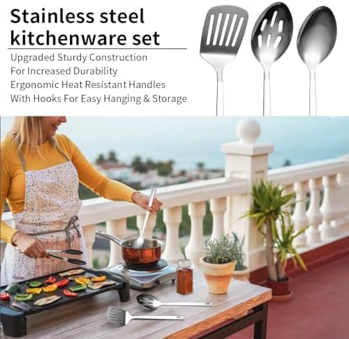Evanda Camping Kitchen Cooking Utensil Set 10 Piece, Stainless Steel Outdoor Cooking and Grilling Utensil Organizer Travel Set Perfect for Travel, Camping, RVs, BBQs, Picnics, Parties and More
