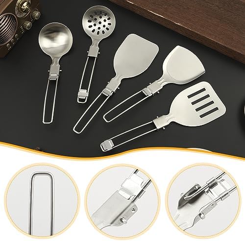 Camping Kitchen Utensil Set, 5Pcs Portable Foldable Stainless Steel Outdoor Cooking Utensil, Practical Folding Soup Ladles Strainer Spatula Kitchen Gear for Outdoor Camping