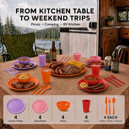 28 Piece Plates and Bowls Sets for 4, Kitchen Dinnerware Sets, Plastic