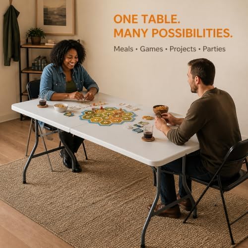 Folding Table, 5FT Portable Fold-in-Half Plastic Picnic Table, Heavy Duty Foldable Table with Carrying Handle, Ideal for Party, Camping, Craft, Dining, Wedding, Outdoor and Indoor Use, 2 Pack
