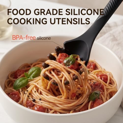 Silicone Cooking Utensils Set - 600°F Heat Resistant, Nonstick Kitchen Utensil Set with Spatulas, Spoons, Whisk, Tongs, BPA Free, Dishwasher Safe, Black