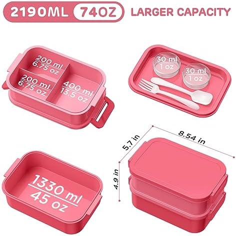 DaCool Adults Bento Box Lunch Box - Stackable All-in-One Leakproof Bento Lunch Box for Adults Women Girls 74 OZ Large Lunch Containers with Fork Spoon Sauce Boxes for Work School Dining Out, Pink