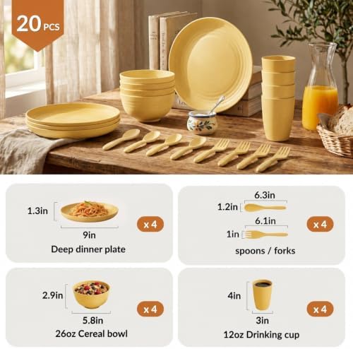 Wheat Straw Dinnerware Sets, Homienly 20pcs Unbreakable Microwave Dishwasher Safe Tableware Lightweight Bowls, Cups, Plates Set Reusable Dinner Plates Bowls set (Yellow)