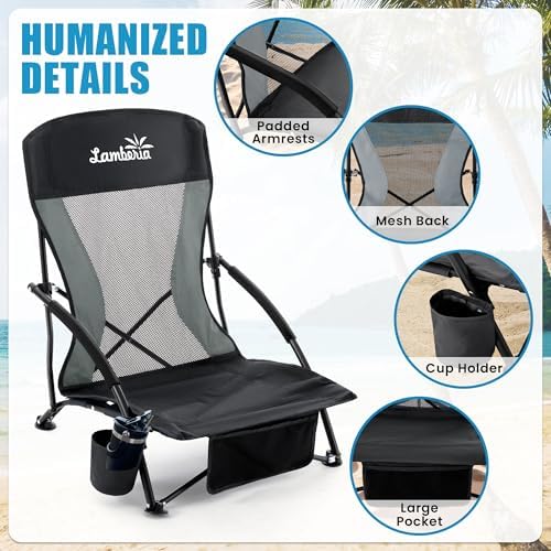 Lamberia Folding Beach Chair for Adults 2 Pack, Portable Low Beach Chairs with 300lbs Capacity, Lightweight Fodable Camping Chair for Travel, Picnic, Concert & Outdoor Activities,Black-Grey