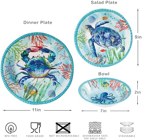 Coastal Dinnerware Sets, Ocean Theme Unbreakable Kitchen Plates and Bowls Set, Coastal Dishes Lightweight Dinnerware Set, RV and Camping dishes set for 4, Dishwasher Safe