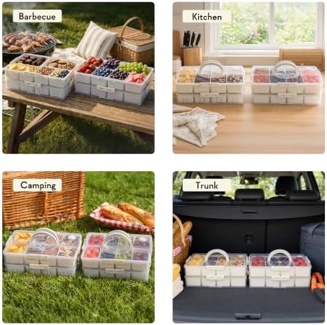 2 Pack Snack Box Container with 16 PP Compartments, Food Storage Tray with Lid & Handle, Dishwasher Safe, Organizer for Picnic, Travel, Party