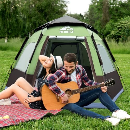 Hewolf 2/3/4 Person Camping Tent - Instant Pop Up Waterproof 2 Doors Tent with Easy Setup | 3-Season Hexagonal Dome Design for Family, Hiking & Traveling