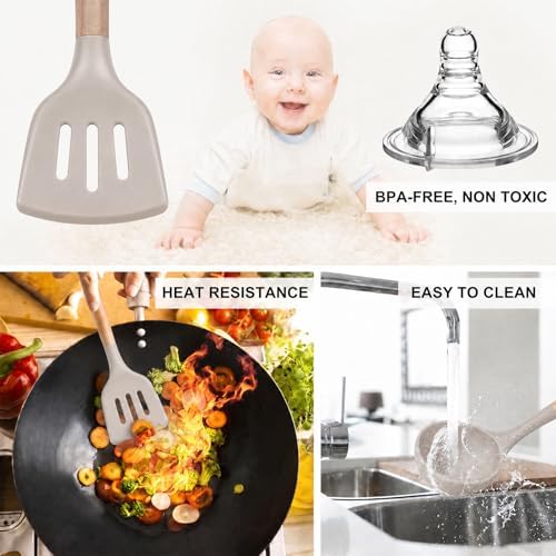 MIBOTE Silicone Cooking Kitchen Utensils Set, Wooden Handle, Khaki