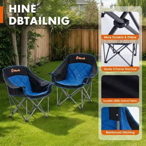 EMERIT 2 Pack Oversized Padded Camping Chair for Big Tall Adults, 500 LBS Heavy Duty Foldable Quad Lawn Chair, 19.68" High Seat, 4-Layer Cushion, Cup Holder, Camping Tailgating Backyard Patio, Blue