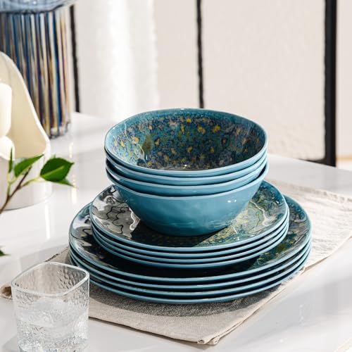 Melamine Dinnerware Set of 12Pcs,Camping Dinnerware, Dishwasher safe Lightweight Unbreakable Dishes Set for Patio, RV, Rustic Farmhouse Dinner Plates