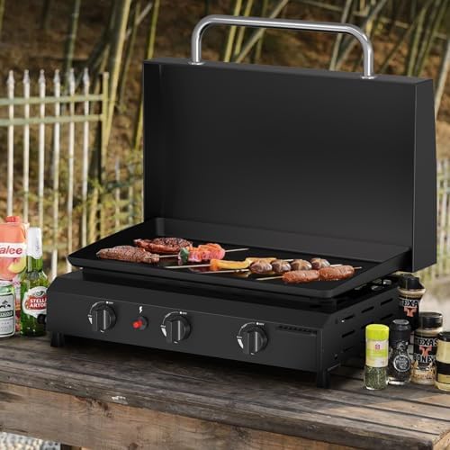 SKOK 3 Burners Outdoor Tabletop Gas Griddle with Hood, Flat Top Grill