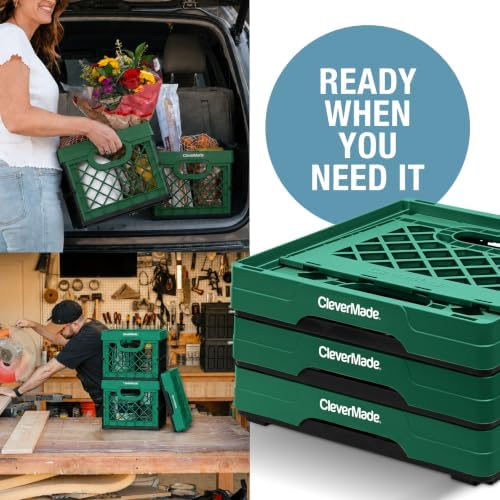 CleverMade Collapsible Milk Crates For Storage, 25L 3 Pack, 50 lb, Forest