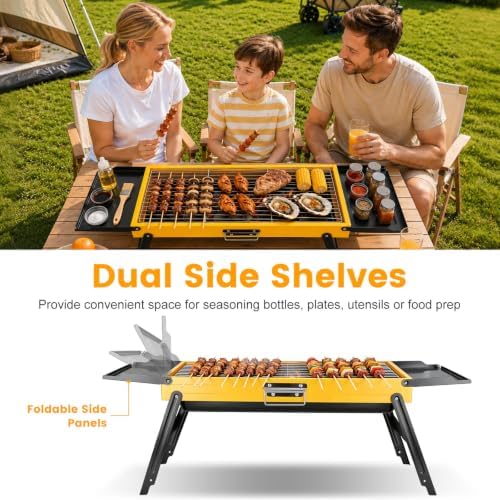 Portable Charcoal Grill Stainless Steel, Small Foldable BBQ Suitcase with Portable Side Shelves & Heat Resistant, Lightweight Tabletop Barbecue for Camping Picnic Backyard Beach Travel