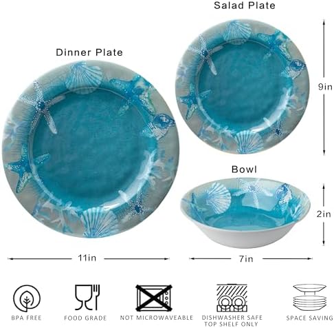 12 PCS Melamine Dishes Dinnerware set, Coastal Plate and Bowls Set