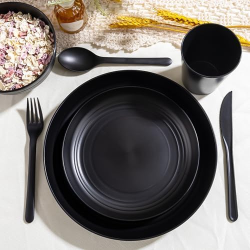 LIYH 24Pcs Black Unbreakable Wheat Straw Dinnerware Set for Kitchen Camping