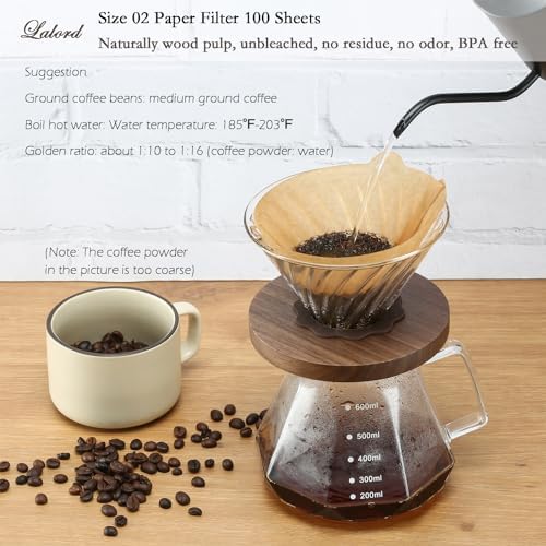 Lalord Pour Over Coffee Dripper with 100 pcs Size 02 Paper Filter, Walnut Handle and Borosilicate Glass, Glass Coffee Dripper, Hold for 1-4 Cups