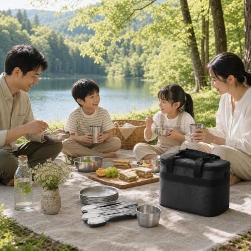 Camping Dinnerware Sets, Cookware Set, Portable Mess Kit for 3-4 Person, Bag Included