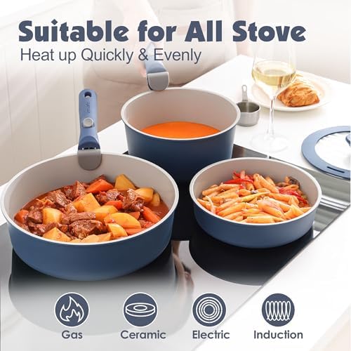 SENSARTE 17 Piece Ceramic Detachable Handle Pots and Pans Set Navy