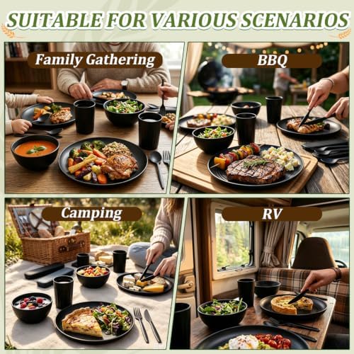 PYRMONT Dinnerware Set Wheat Straw Bowls and Plates Set Unbreakable Kitchen Dishes Service for 4 Microwave & Dishwasher Safe Plastic Dish Set for Camping,RV,Picnic-Black