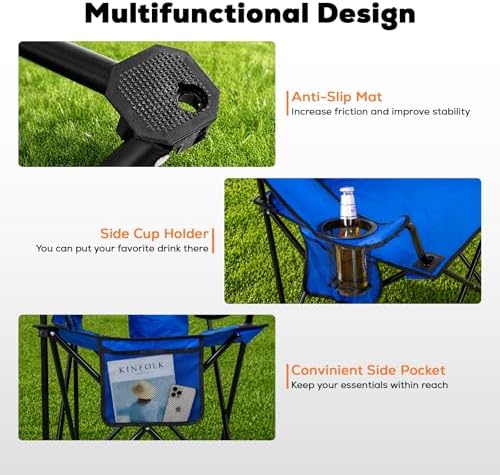 2-Pack Lightweight Heavy Duty Camping Chairs, Up to 400lbs Capacity Folding Chair with Cooler Bag & Cup Holder, Oversized Portable Lawn Chair for Outdoor, Fishing, Tailgating, Beach (Blue)
