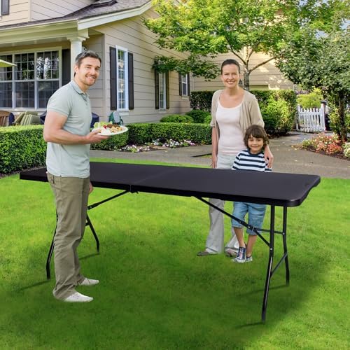 Folding Table 6ft, Heavy Duty Plastic Fold-in-Half Utility Table, Black