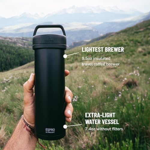 ESPRO Go P0 Ultralight French Press Coffee Maker for Travel, Vacuum Insulated Stainless Steel, 16 Ounces, Matte Meteorite Black