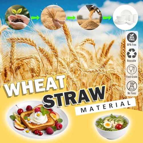 Wheat Straw Plates and Bowls Sets of 16,Unbreakable Dinnerware Sets for 4, Microwave & Dishwasher Safe Kids Dish Set for Kitchen, Outdoor, Camping, Party, RV- White