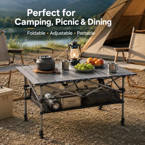 Portable Folding Camping Table, Adjustable Height, Black, 37 x 21 in