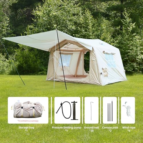 8 m ² Inflatable Tents for Camping with Canopy, Blow Up Tent with Hand Pump, Easy Setup InflatableTent 4 Season Tent, Waterproof Oxford Air Glamping Tents for Camping Adult 4/6/8 Person
