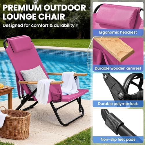 2 Pack Premium 5-Position Reclining Camping Chair - Portable Folding Lightweight Outdoor Chair with Wooden Armrests, Headrest & Pockets, 350lbs Heavy Duty for Beach, Patio, Backyard, Pink
