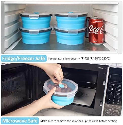 Collapsible Food Storage Containers Round with Airtight Lid, 27 oz, Kitchen Stacking Silicone Collapsible Meal Prep Container Set for Leftover, Microwave Freezer Dishwasher Safe, Blue, Set of 4