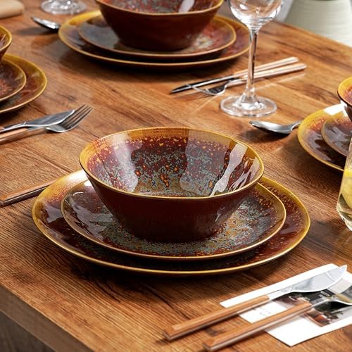 Melamine Plate and Bowl Set, Kitchen Dinnerware Set for 4, Lightweight and Unbreakable Plates and Bowls Set for Indoor & Outdoor Use, Farmhouse Style, Dishwasher Safe, Rust Red