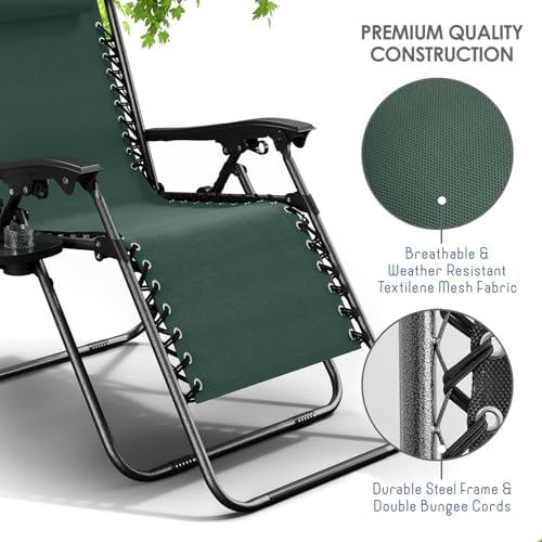 Nestl Zero Gravity Chairs 1 Pk, Portable Patio Lounge Outdoor with Pillows & Cup Holder Trays, Adjustable Steel Lawn Chair for Deck, Beach - Forest Green