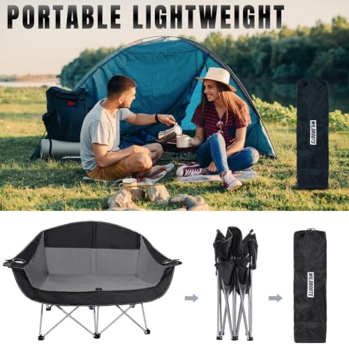 Double Camping Chair Heavy Duty 600LBS 2 Person Loveseat Portable w Holder