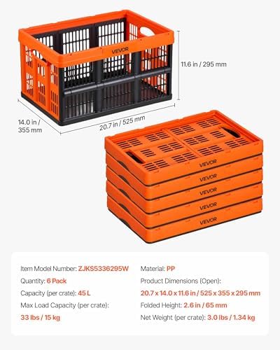 VEVOR Plastic Collapsible Storage Bins, 45L 6 Packs, Stackable Folding Storage Crates with Handles, Holds 33 lbs Per Bin, Foldable Heavy Duty Containers, Space-Saving Baskets, for Home Organizing