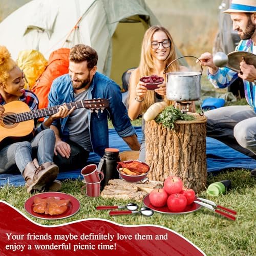Nuogo 48 Pcs Camping Dinnerware Enamel Mugs Plates Bowls Utensils, Red