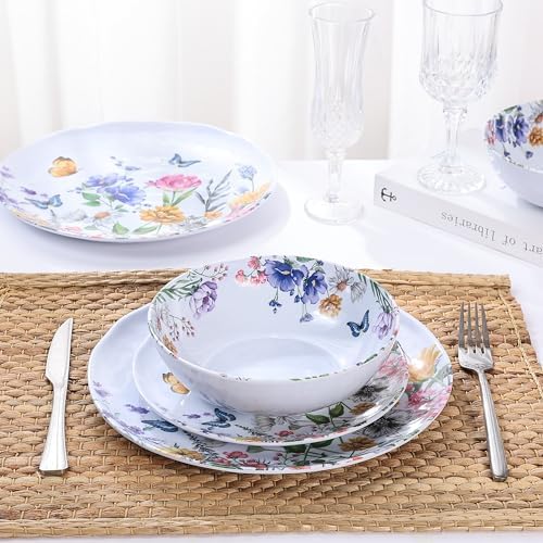 12-Piece Melamine Dinnerware Sets - Plates And Bowls Sets Floral