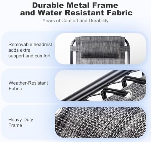 Nazhura Set of 2 Relaxing Recliners Patio Chairs Adjustable Steel Mesh Zero Gravity Lounge Chair Beach Chairs with Pillow and Cup Holder(Grey)