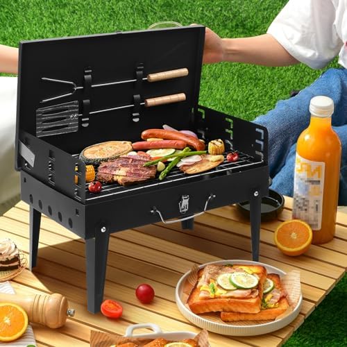 17" Portable Folding Charcoal Grill,Tabletop Outdoor Barbecue Smoker,Heavy Duty Outdoor BBQ Grill,Portable Vertical Camping Barbecue Grill,with Lid,for Garden Patio Beach Backyard (Black)