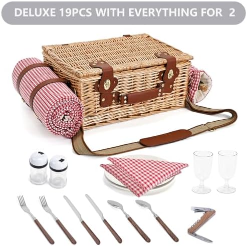 Picnic Basket with Blanket and Wine Pouch for 2, Wicker Picnic Set with Insulated Liner Cooler Bag Hamper for Camping,Wedding - Red Gingham