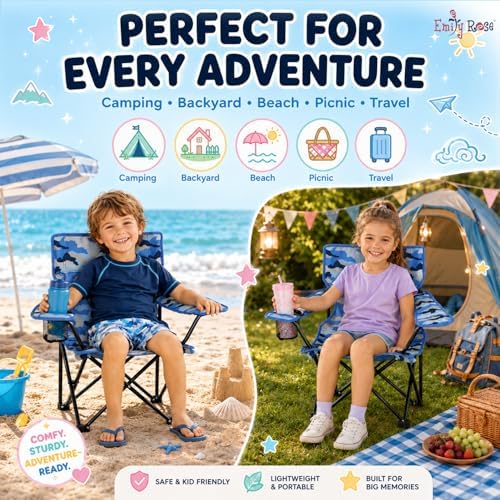 Emily Rose Blue Camo Kids Folding Camp Chair – Ages 2-7 with Safety Lock