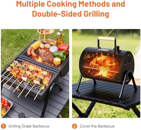 Portable Charcoal Grill with Warming Rack, Wooden Handle, Tabletop BBQ Grill for Outdoor Barbecue Camping Picnic Backyard Patio, Black