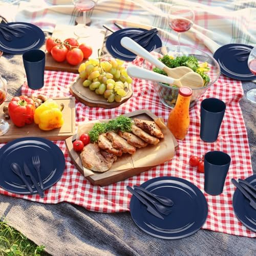 Tioncy 29 Pcs Dinnerware Set for Camping 4 People Camping Bowls Plates Cups Utensils Set Plastic Reusable Unbreakable Dish Sets with Drawstring Bag for Travel Picnic Outdoor Dishwasher Safe